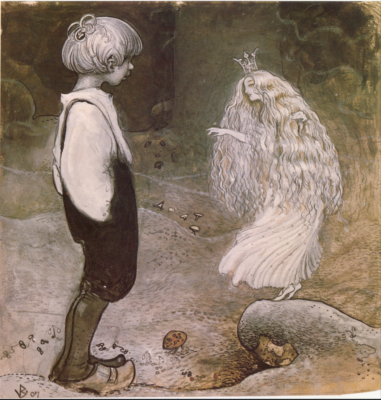 Image depicts a boy facing a friendly fairy with long hair and a crown. 