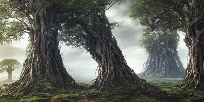 image shows spooky mangrove like trees